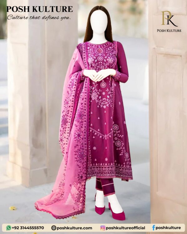 3PC Lawn With Soft Organza EMB Dupatta - Image 4