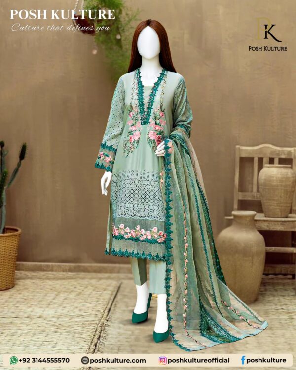 3-Piece Cotton Suit with Organza Dupatta