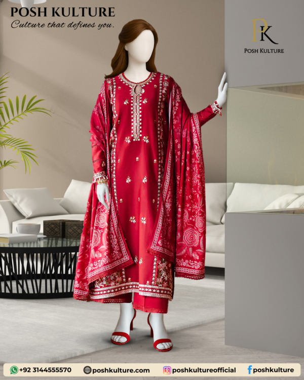 3 PC Lawn Suit With Daimond Dupatta - Image 3