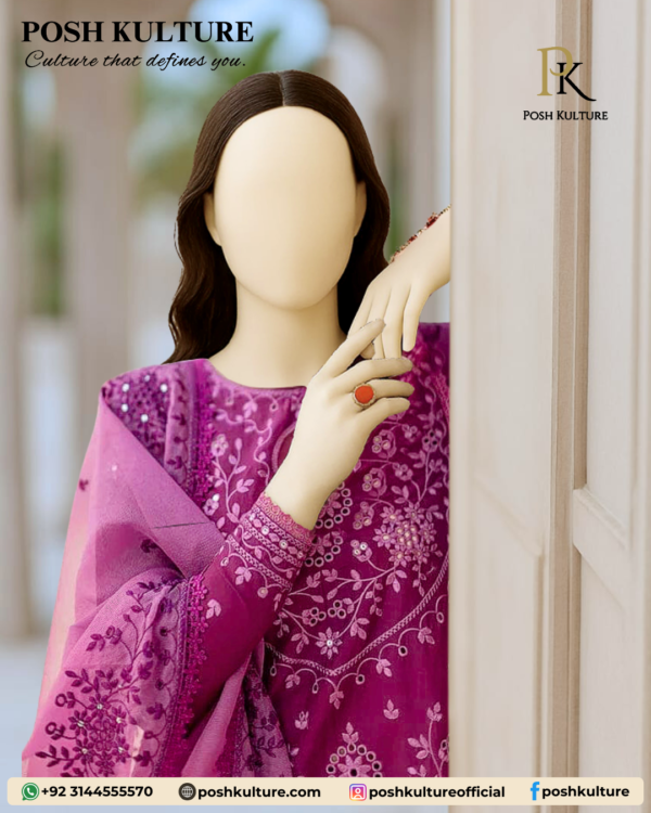 3PC Lawn With Soft Organza EMB Dupatta - Image 3