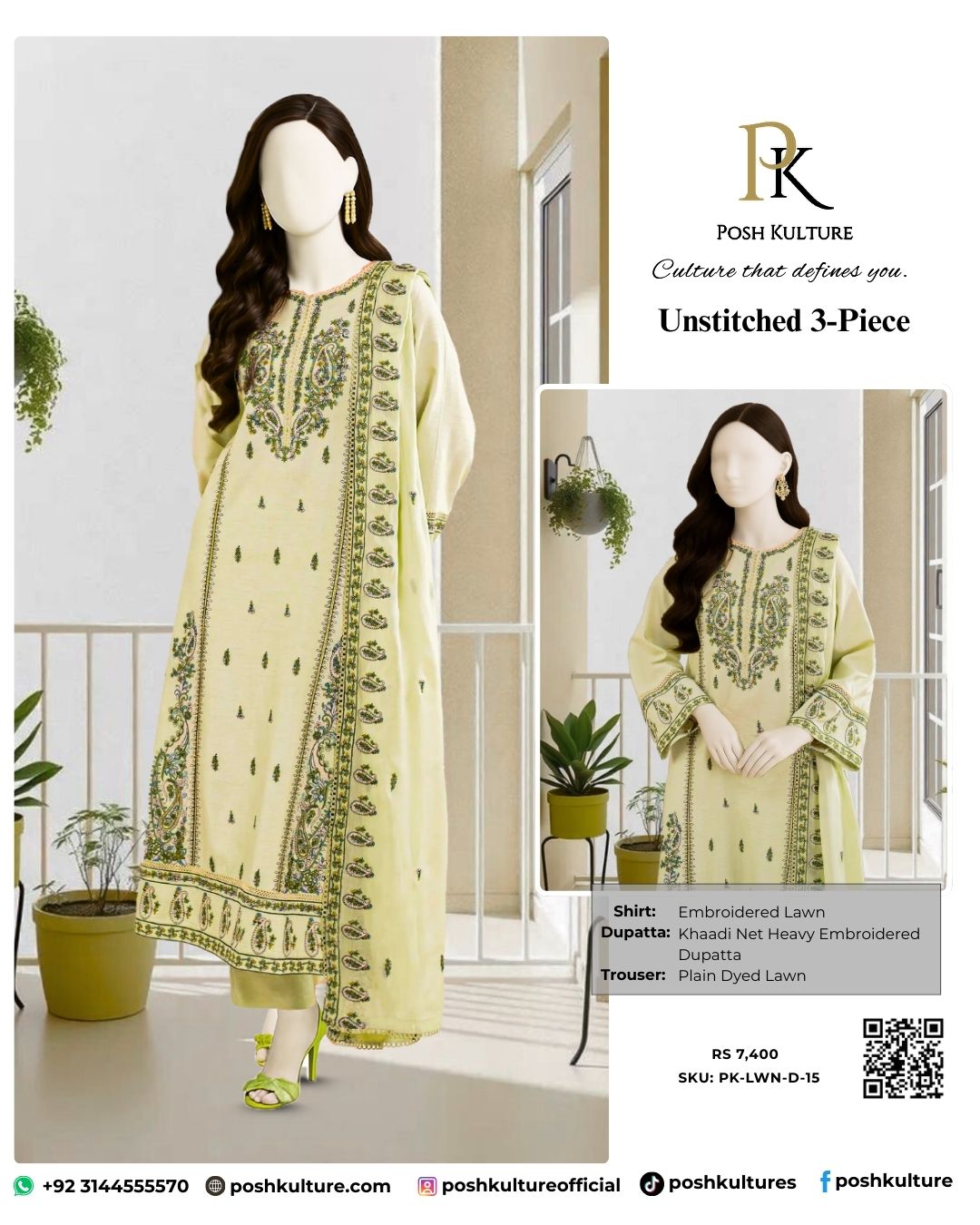 3 PC Lawn Suit With Net Dupatta