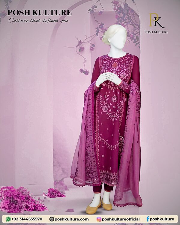 3PC Lawn With Soft Organza EMB Dupatta - Image 2