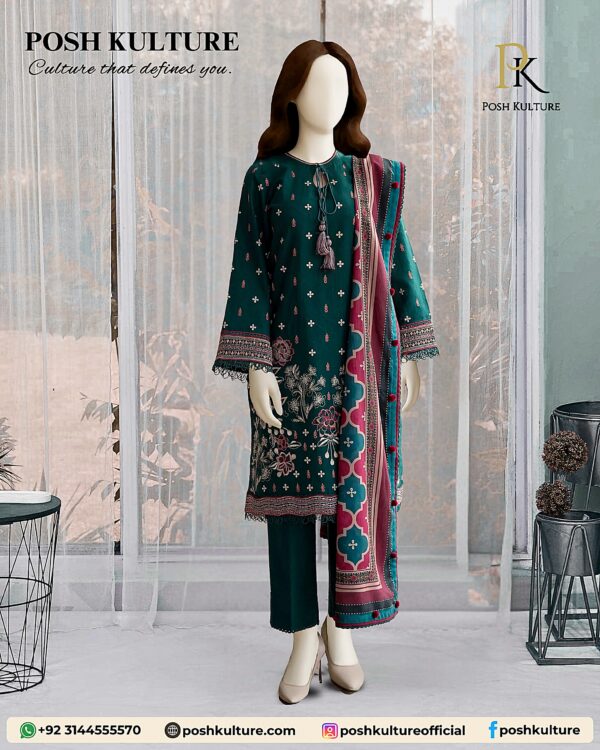 3PC Lawn With Diamond Printed Dupatta - Image 2