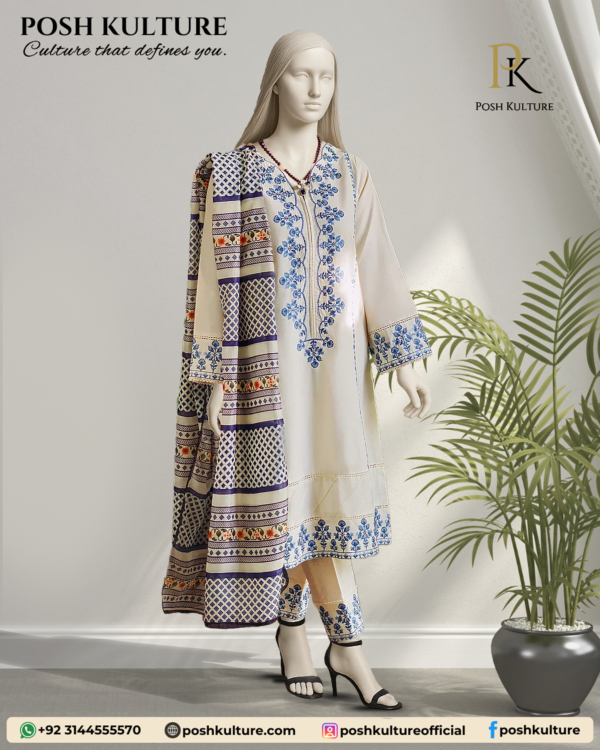 3PC Lawn with cheque Printed Dupatta