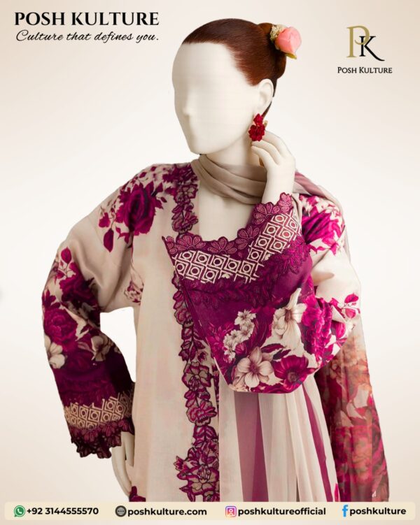 3PC Suit Lawn with Chiffon Printed Dupatta - Image 2