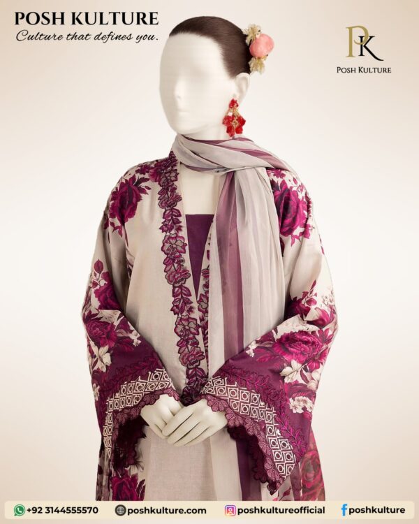 3PC Suit Lawn with Chiffon Printed Dupatta - Image 3