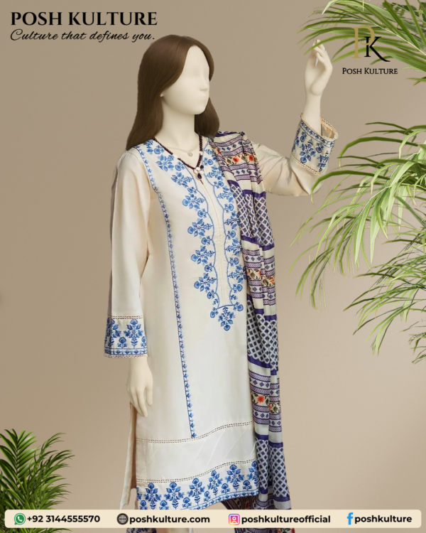 3PC Lawn with cheque Printed Dupatta - Image 2