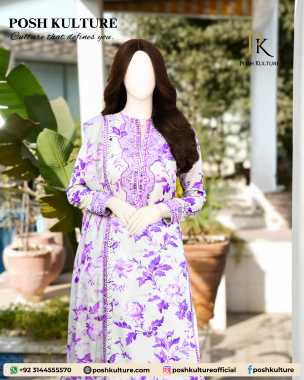 3PC Lawn Suit With Chiffon Printed Duppatta - Image 2