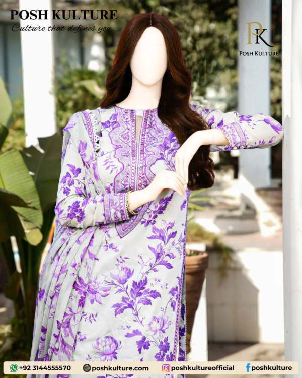 3PC Lawn Suit With Chiffon Printed Duppatta - Image 3