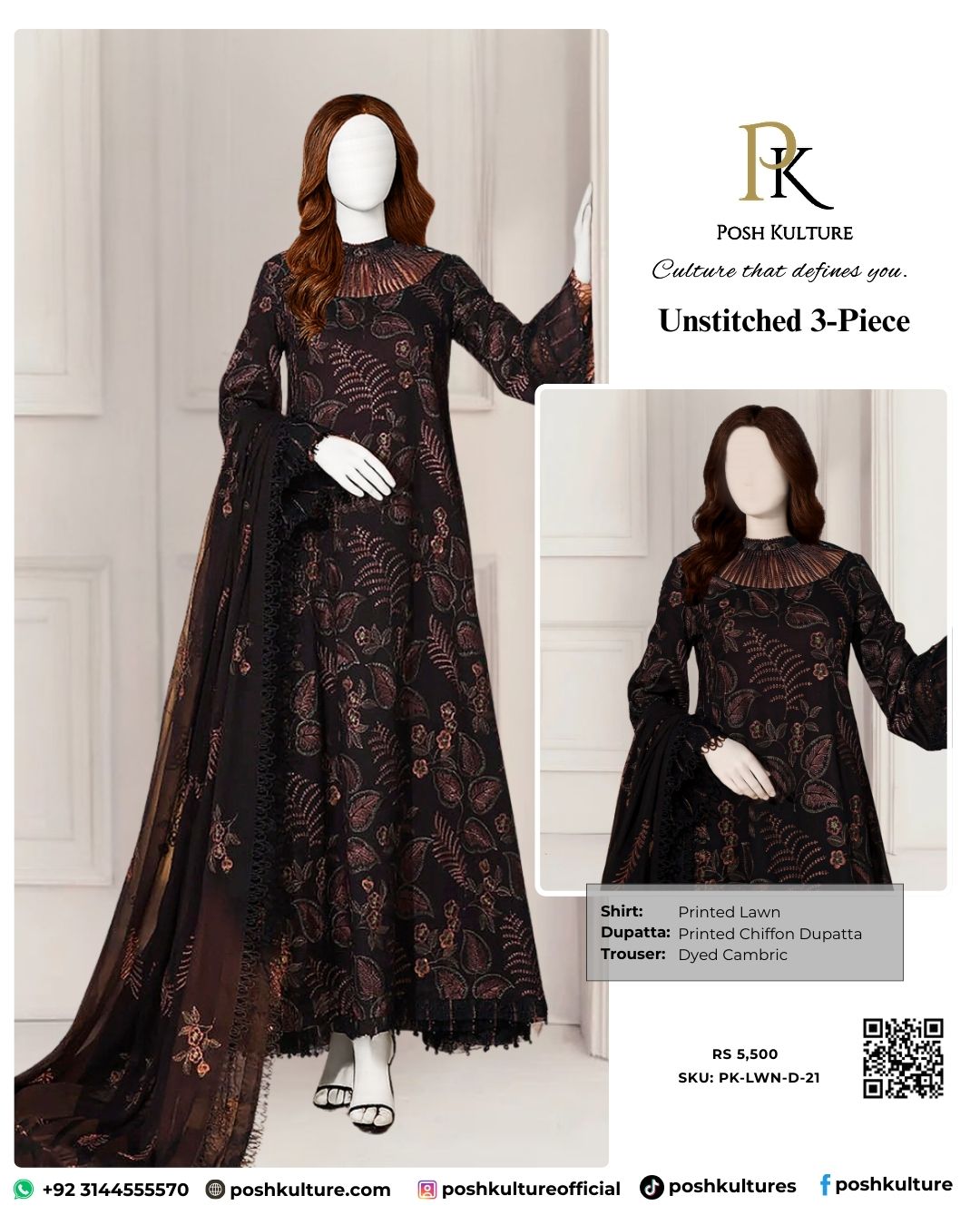 3PC Lawn With Bamber Chiffon EMB Dupatta