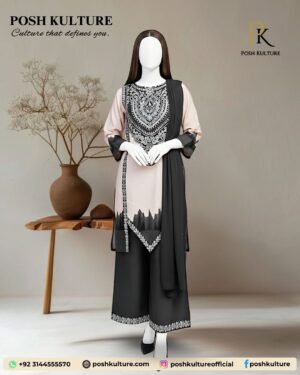 Mannequin modeling a 3-piece Posh Kulture suit made of Shamooz Silk, featuring digital prints on the shirt, trousers, and dupatta.