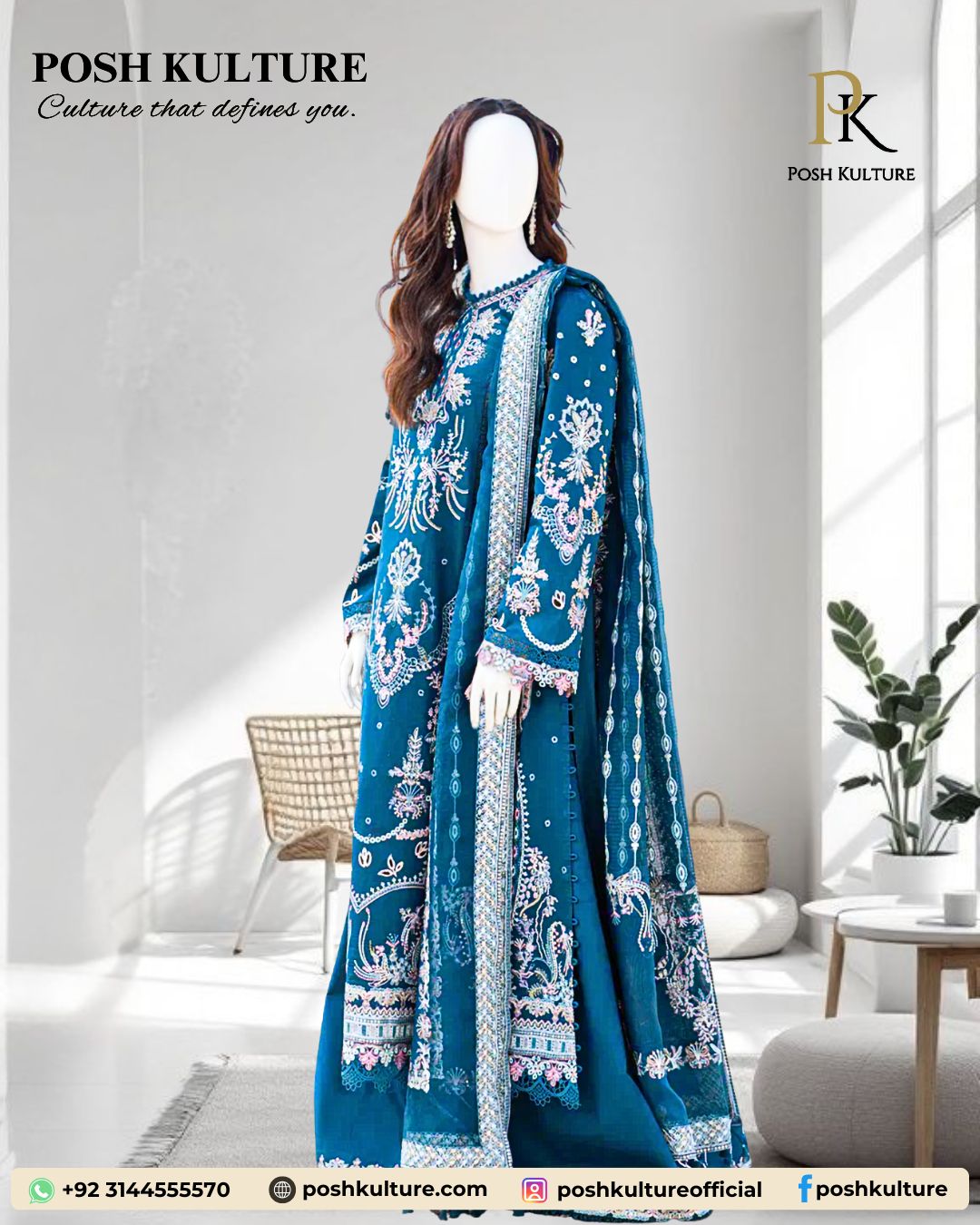 Mannequin showcasing a premium quality, deep teal/turquoise Dhanak 3-piece suit from Posh Kulture's Winter '25 collection.