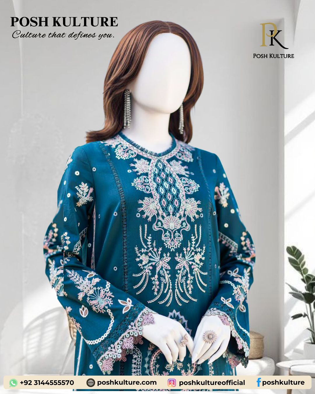 Mannequin showcasing a premium quality, deep teal/turquoise Dhanak 3-piece suit from Posh Kulture's Winter '25 collection.