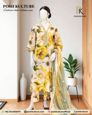 Mannequin modeling a POSH KULTURE Unstitched 3-piece Dhanak suit. The outfit features a vibrant digital print of large yellow and cream florals on the shirt and trousers, paired with a matching printed Dhanak shawl.