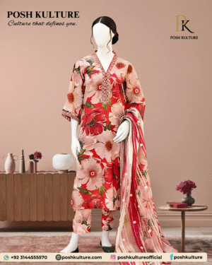 Mannequin modeling a POSH KULTURE Unstitched 3-piece Dhanak suit. The outfit features a striking digital print of large red and pink florals on the shirt, paired with plain trousers and a matching printed Dhanak shawl.