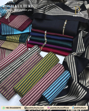 Luxurious Banarsi Marina 3-piece unstitched suit featuring a plain shirt, Sussi Banarsi Trouser, and a Heavy Banarsi Jacquard Marina Shawl.