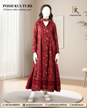 Mannequin wearing a maroon embroidered Dhanak suit by POSH KULTURE, featuring intricate floral embroidery and a wide lace border on the long shirt.