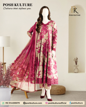 Dhanak 3PC suit with magenta digital floral print on the shirt and shawl, paired with plain trousers.