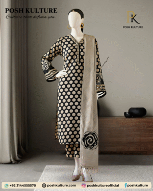 Mannequin wearing a black and beige polka dot printed 3pc Khaddar suit from Posh Kulture's Winter 2025 collection, featuring a digitally printed shirt and trousers, and a matching beige shawl with a prominent black floral design.