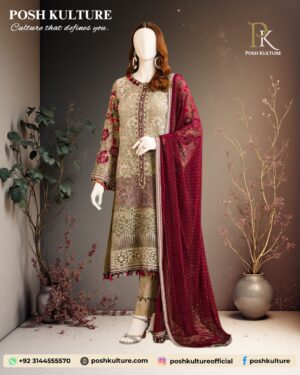 Premium fully embroidered chiffon wedding suit from the Wedding Edition 2025 collection, showing heavy embroidery on the front panel and neckline, paired with dyed Malai trousers.