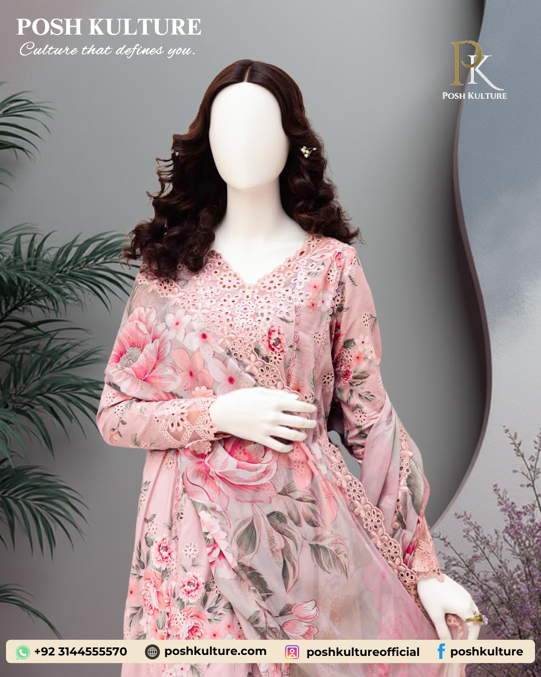 The model is wearing a vibrant digital-printed Dhanak Shirt and matching shawl from the Winter Collection 2025, paired with plain dyed trouser.