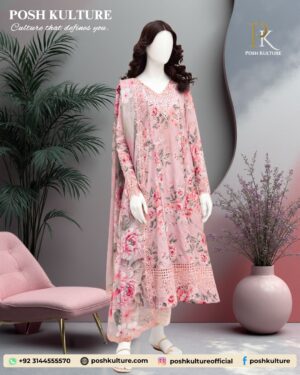 The model is wearing a vibrant Digital Printed Dhanak Shirt and matching shawl from the Winter Collection 2025, paired with plain dyed trousers.