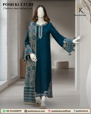 Premium Teal Embroidered Dhanak Suit with Heavy Sleeve Work and Luxury Wool Shawl