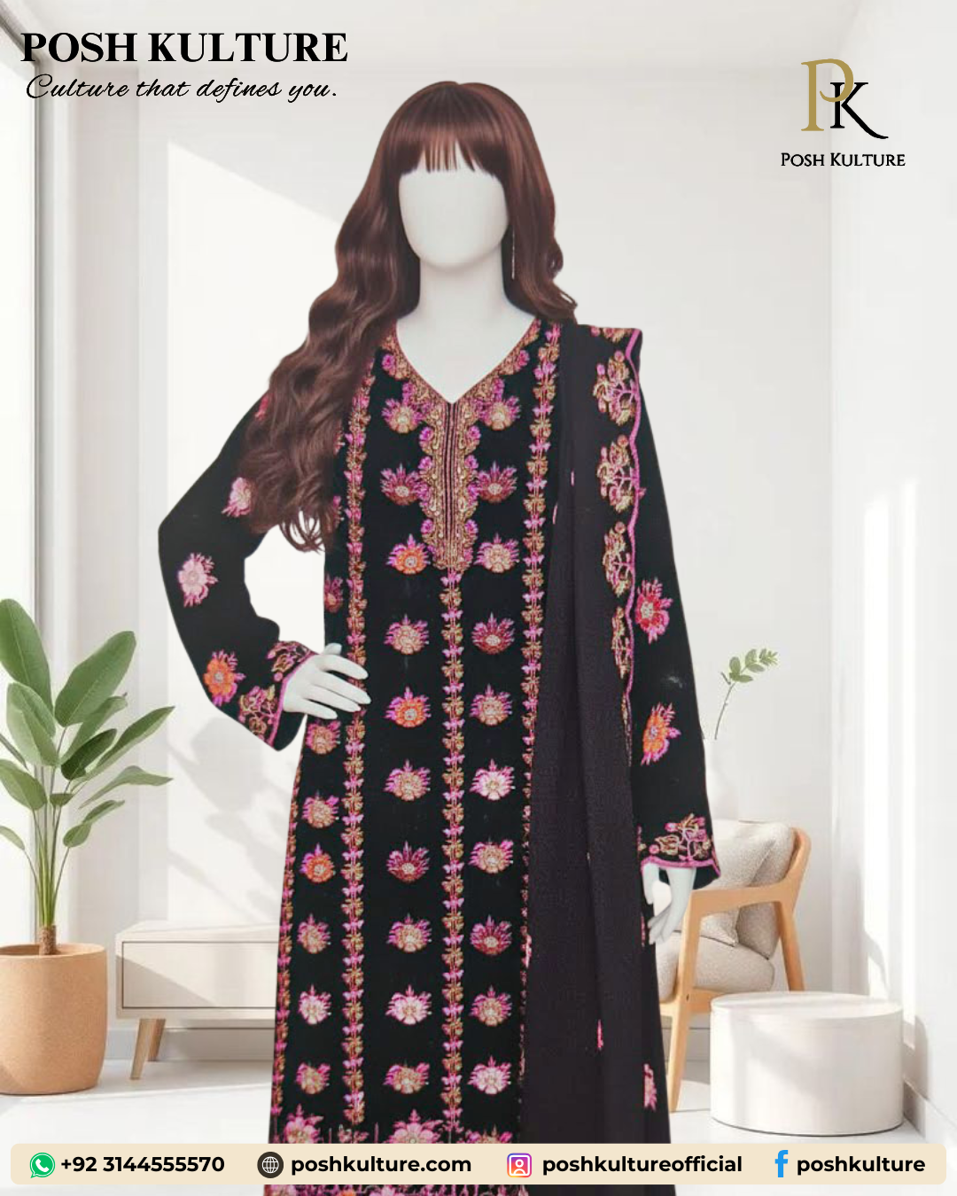 Timeless Black 3-Piece Chiffon Suit with Vibrant Floral Embroidery - Image 4