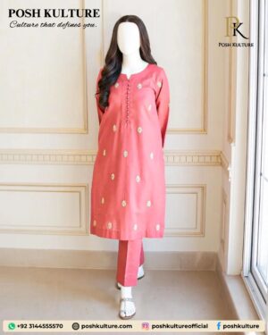 3-piece Coral Pink Dhanak suit featuring gold heavy embroidery details, paired with a plain soft Tan/Beige Luxury Wool Shawl for the Winter 2025 collection.