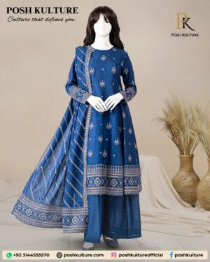 Representing Deep Blue Heavy Embroidered Dhanak Suit with Wool Shawl
