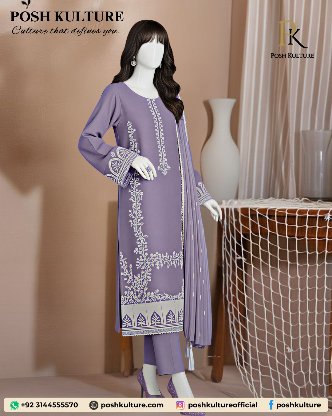 Regal Lavender Dhanak Suit with Heavy White Embroidery and Matching Wool Shawl - Image 2
