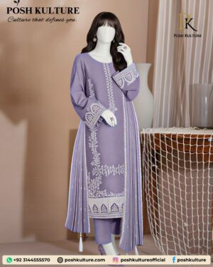 Regal Lavender Dhanak Suit with Heavy White Embroidery and Matching Wool Shawl