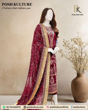 Deep Berry Chiffon Suit with Head-to-Toe Heavy Gold Embroidery
