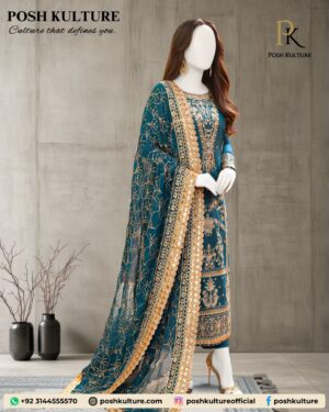 Luxury 3PC Green Chiffon Suit: Intricate Gold Threadwork & Sequin
