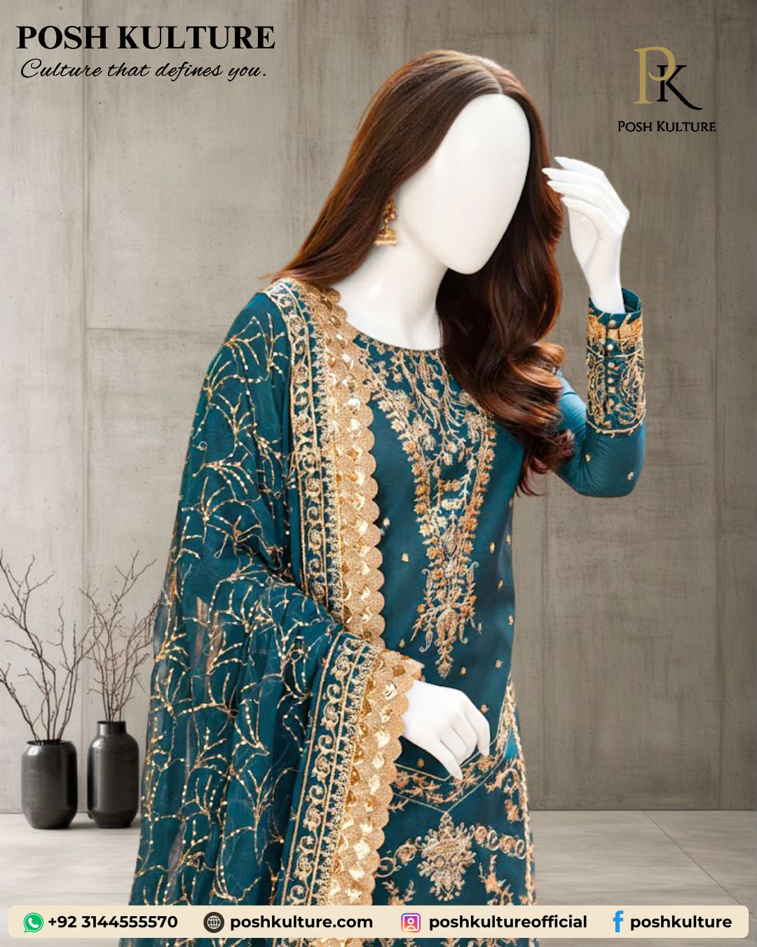 Luxury 3PC Green Chiffon Suit: Intricate Gold Threadwork & Sequin - Image 3