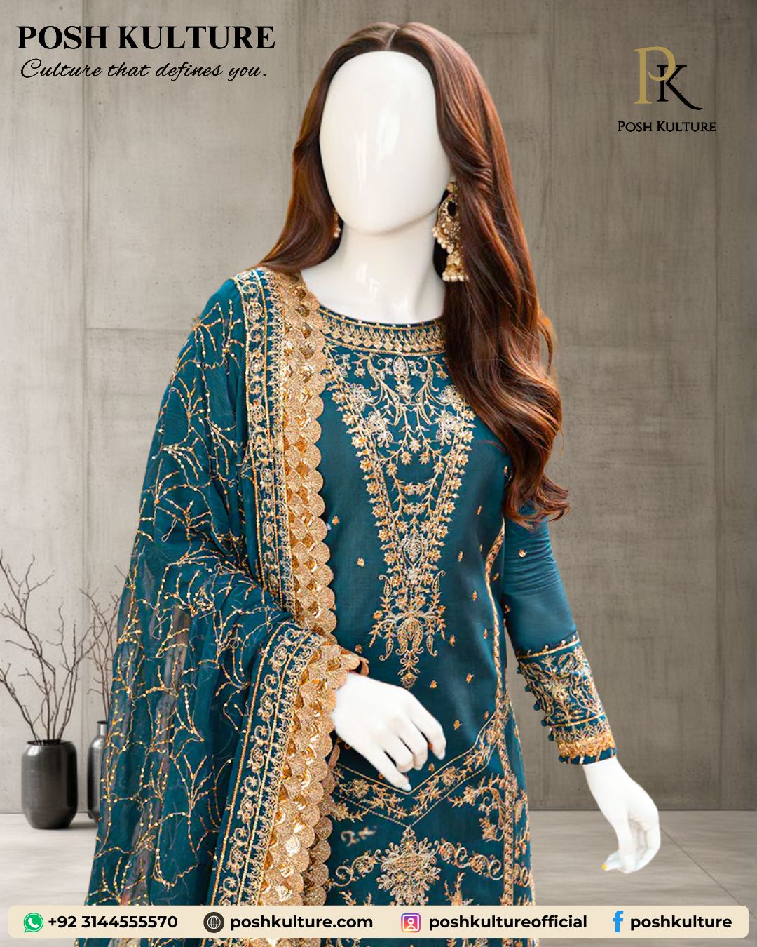 Luxury 3PC Green Chiffon Suit: Intricate Gold Threadwork & Sequin - Image 2