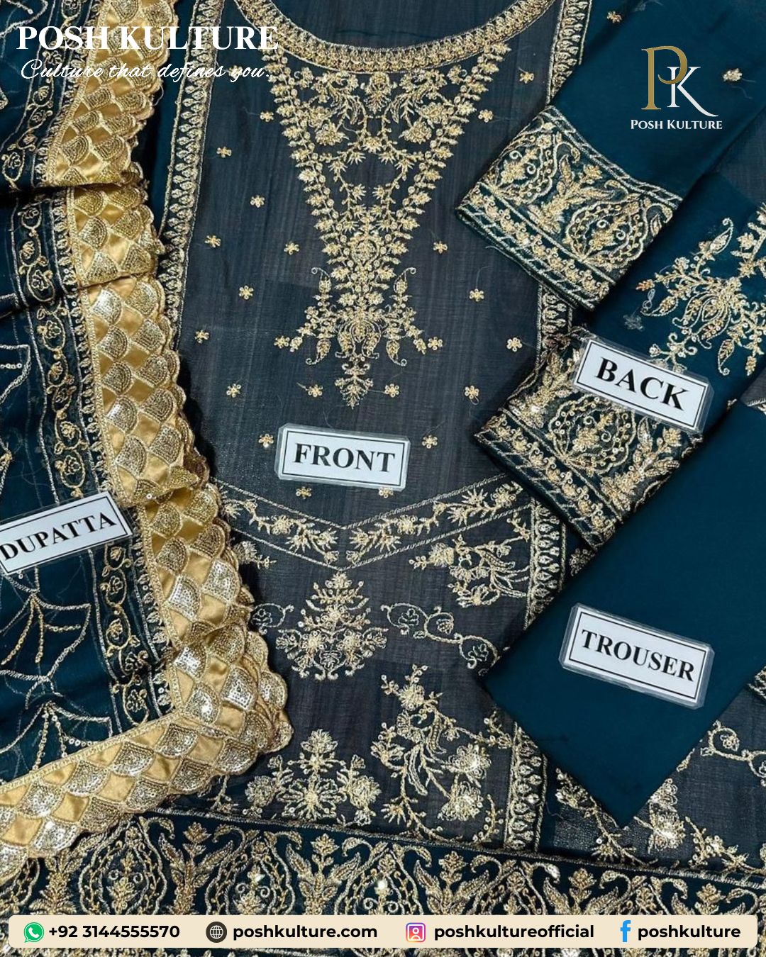 Luxury 3PC Green Chiffon Suit: Intricate Gold Threadwork & Sequin - Image 4