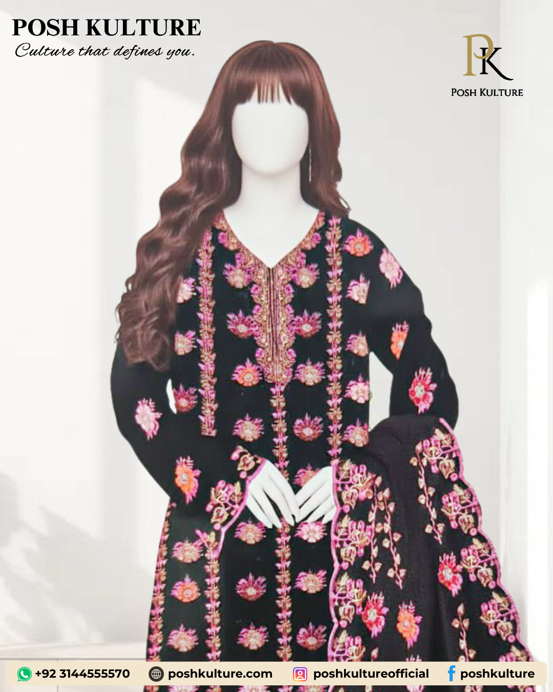 Timeless Black 3-Piece Chiffon Suit with Vibrant Floral Embroidery - Image 2