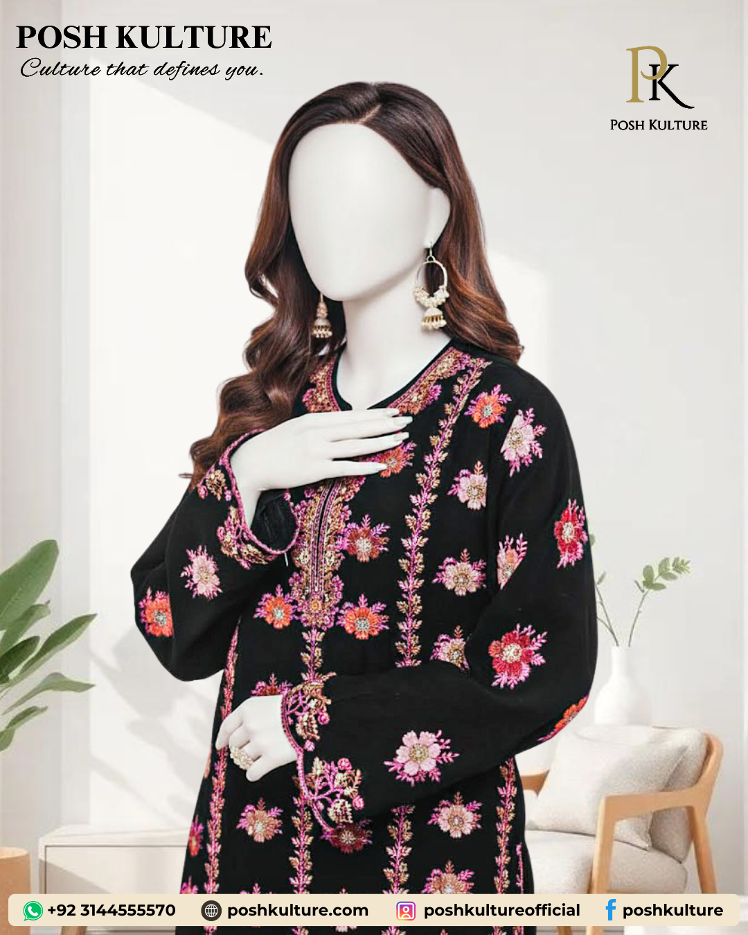 Timeless Black 3-Piece Chiffon Suit with Vibrant Floral Embroidery - Image 3