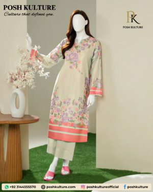 Light Beige Karandi Floral Digital Print Unstitched 3-Piece Suit