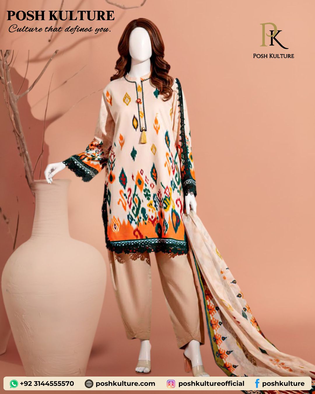 Peach Karandi Digital Print Unstitched 3-Piece Suit - Image 3