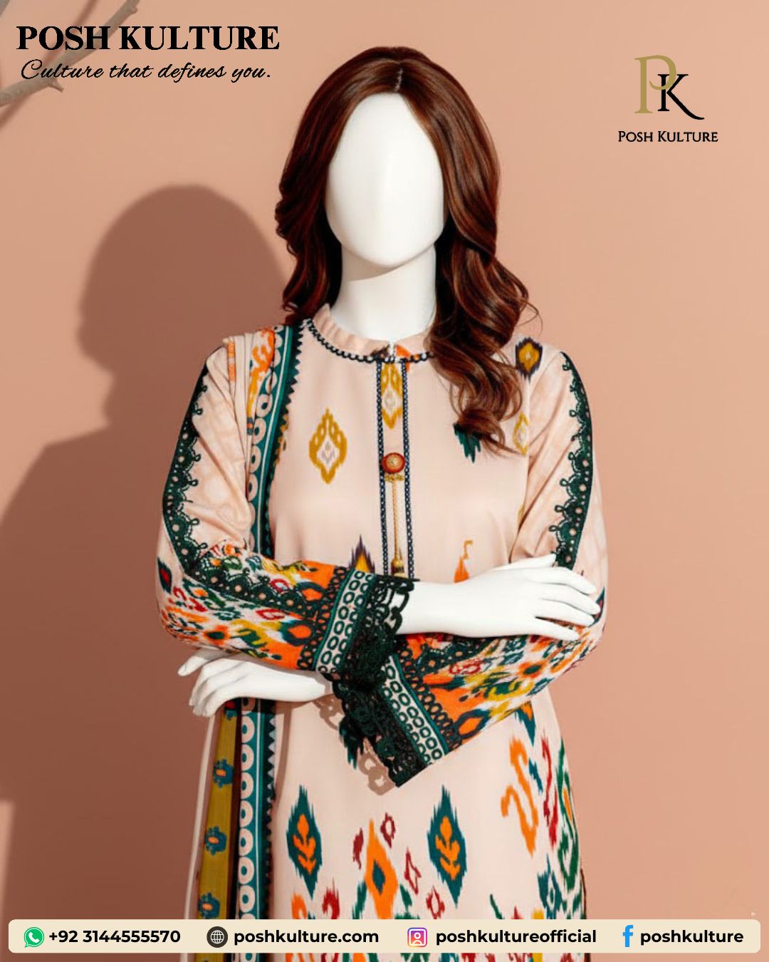 Peach Karandi Digital Print Unstitched 3-Piece Suit - Image 2
