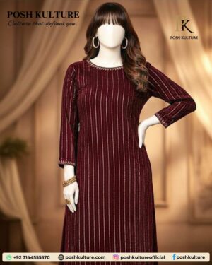 Deep maroon Chamki velvet 2PC suit, velvet shirt with Chamki lining, and plain trouser for party wear.