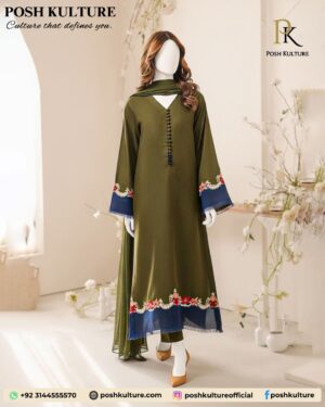 Winter Hit Dhanak Suit (2025) | Olive Green with Navy Floral Embroidery & Premium Shawl