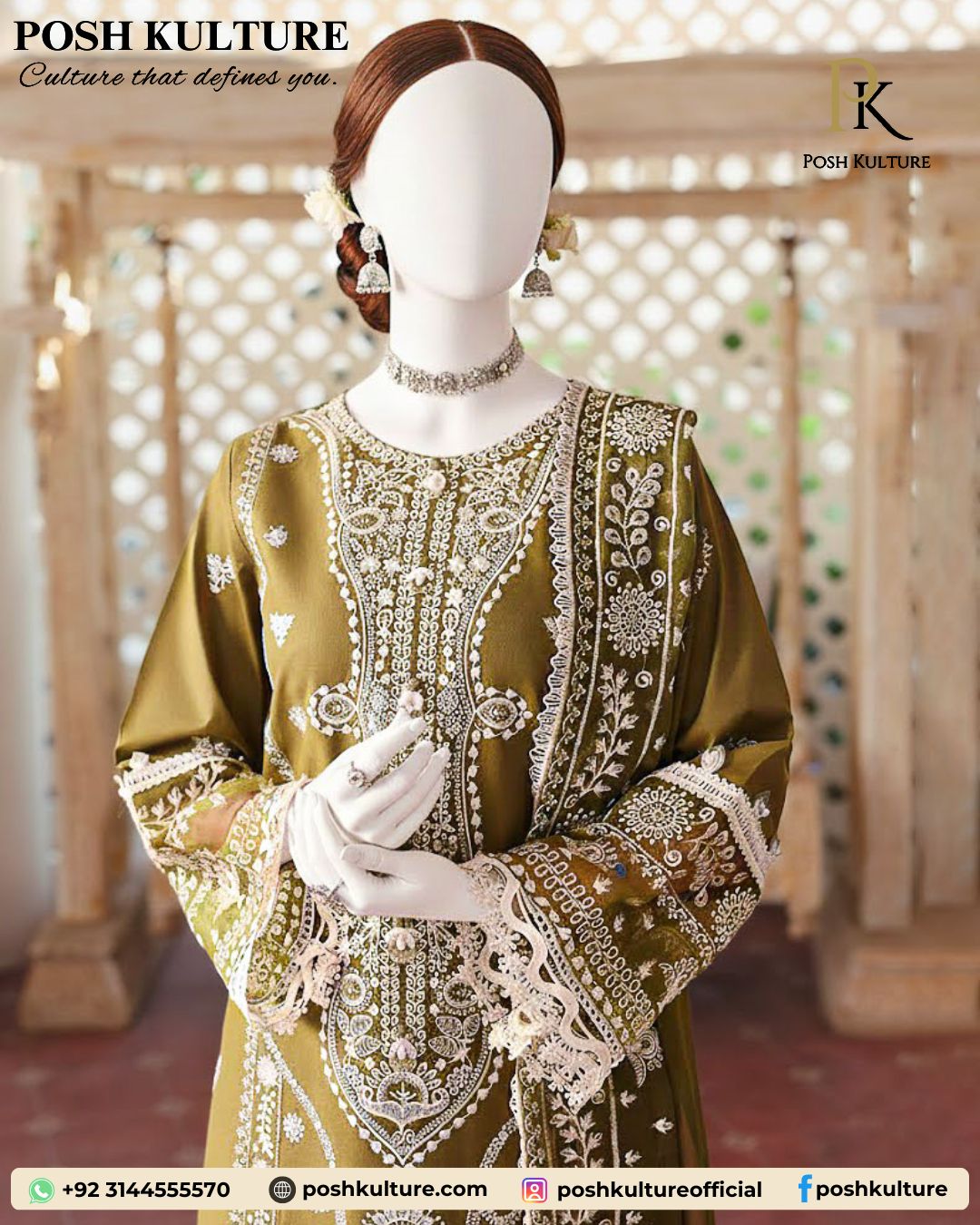Olive Green Luxury 3PC Dhanak Suit | Heavy Embroidered Shirt & Wool Dhanak Shawl