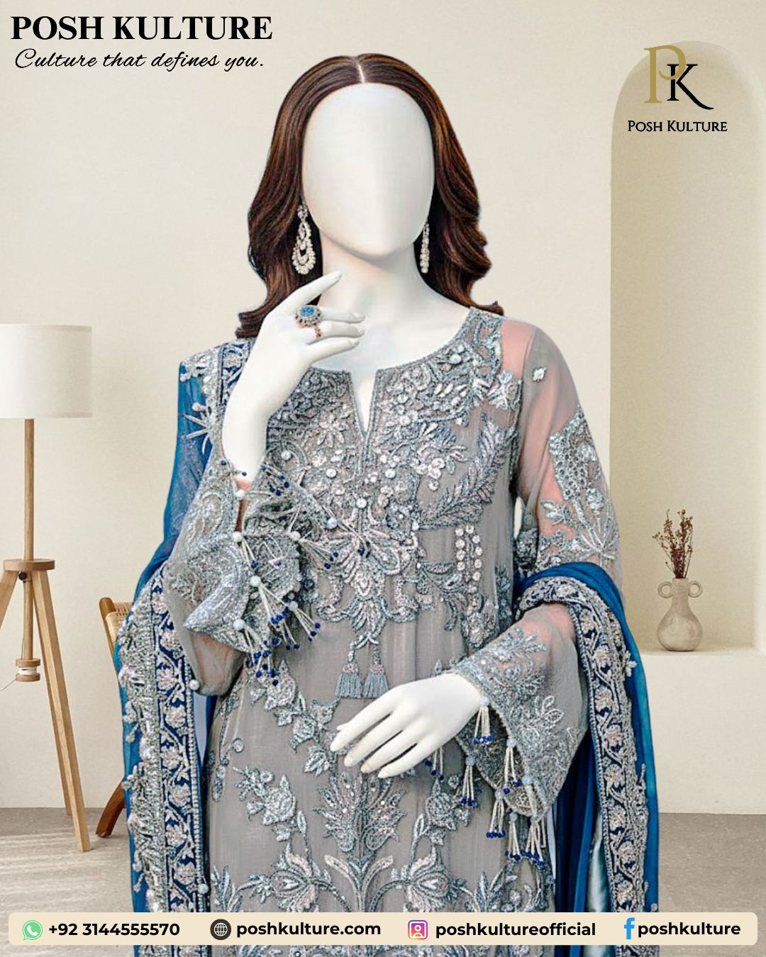 Royal Blue Accent Net Suit | Heavy Handwork & Sequins