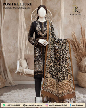 Elegant Black Dhanak Suit with Intricate Gold Embroidery & Soft Wool Shawl