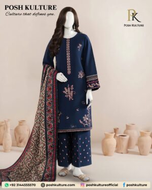 Navy Blue Dhanak Embroidered Suit with Heavy Trouser and Multicolor Wool Shawl