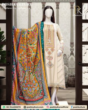 Dhanak Suit with Embroidered Neck & Multi-Color Wool Shawl