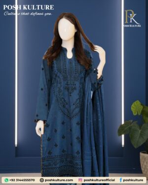 Deep Teal Dhanak with Black Thread Work 3PC Suit.